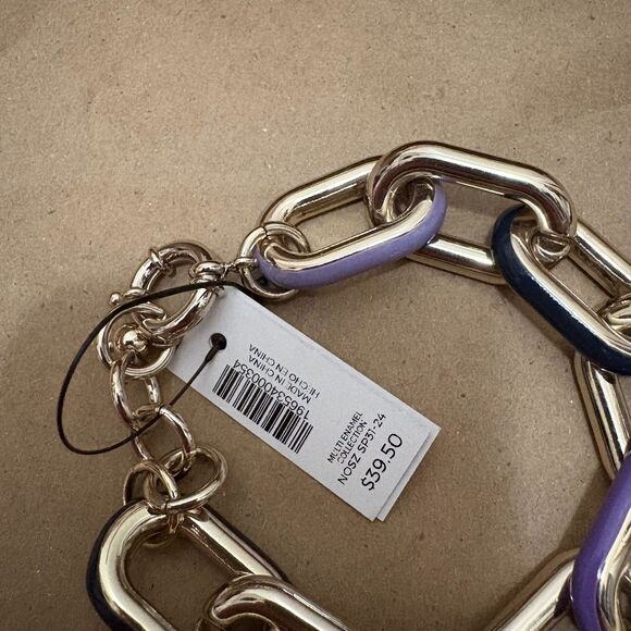 NWT Chico's Chunky Chain Link Bracelet Purple White Enamel Silver Tone Chic - Picture 4 of 4